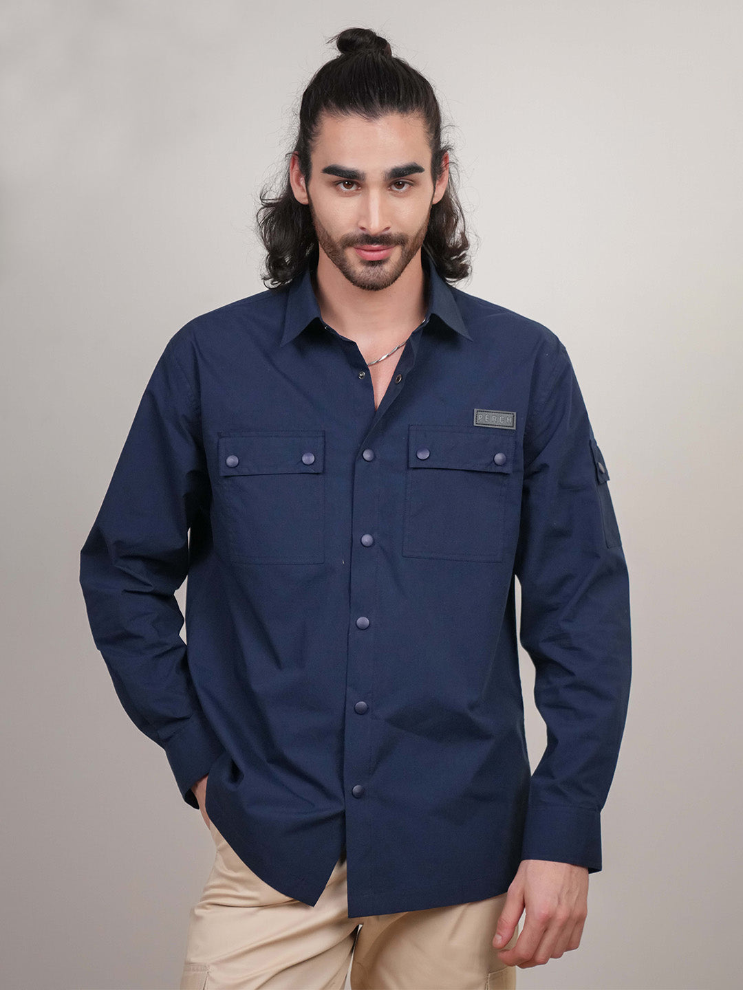 Navy Blue Solid Heavy Cotton Poplin Snap button Boxy Fit Shirt