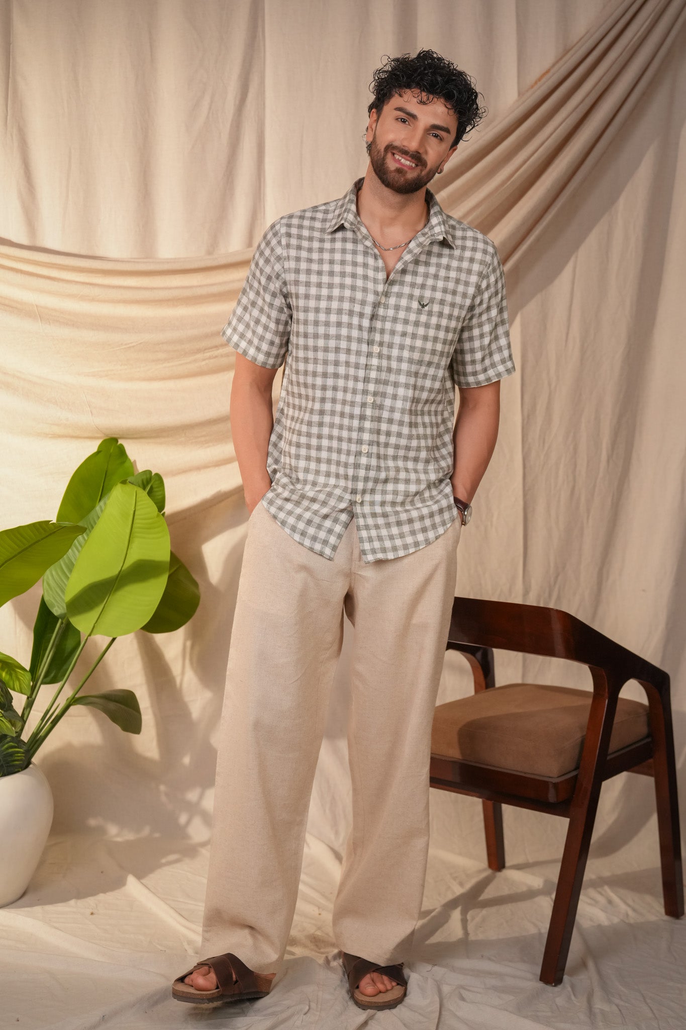 Meadow Green Checked Linen Cotton Slim Fit Shirt