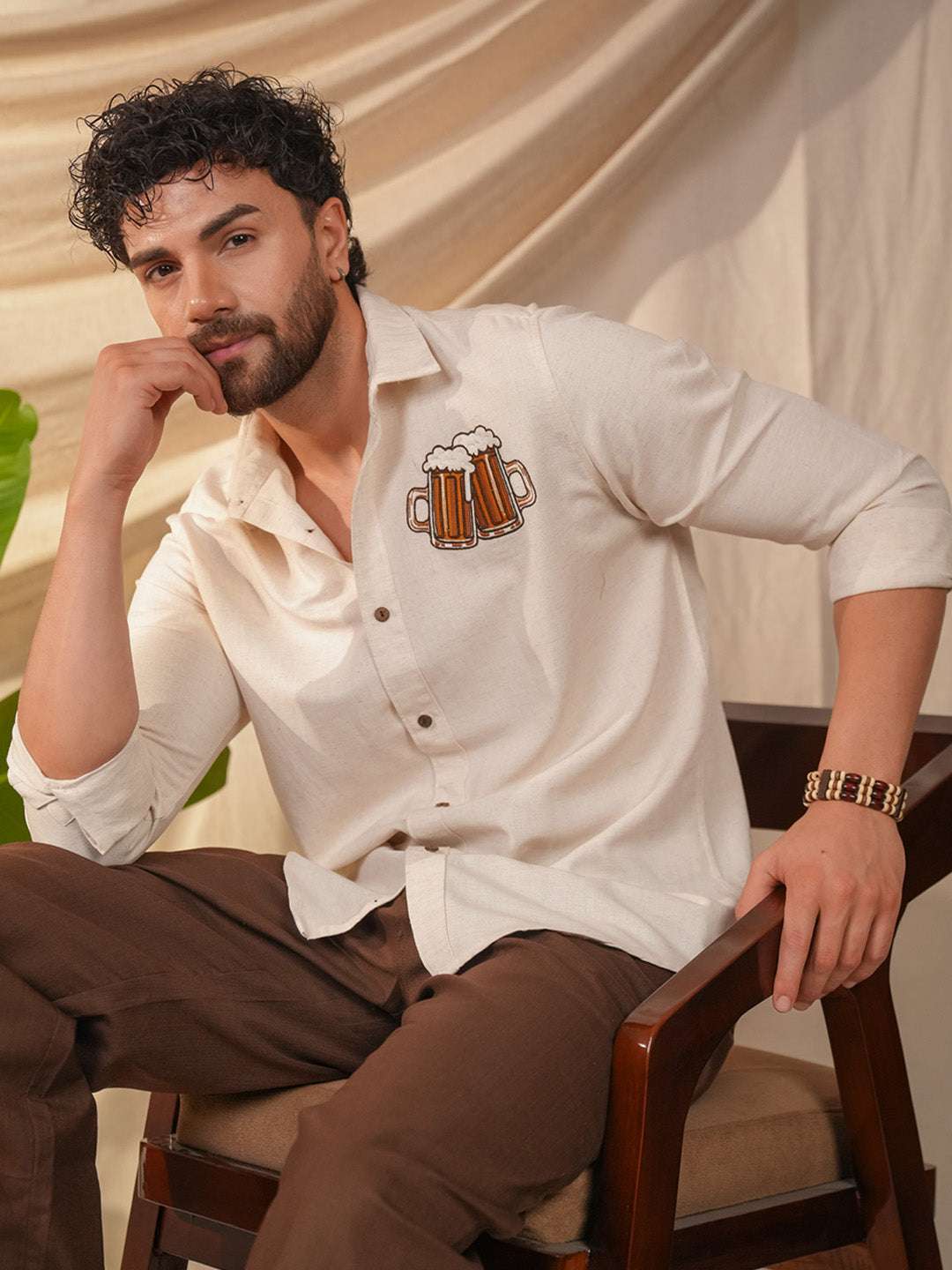 Beige Natural Grains Solid Linen Cotton Slim Fit Shirt
