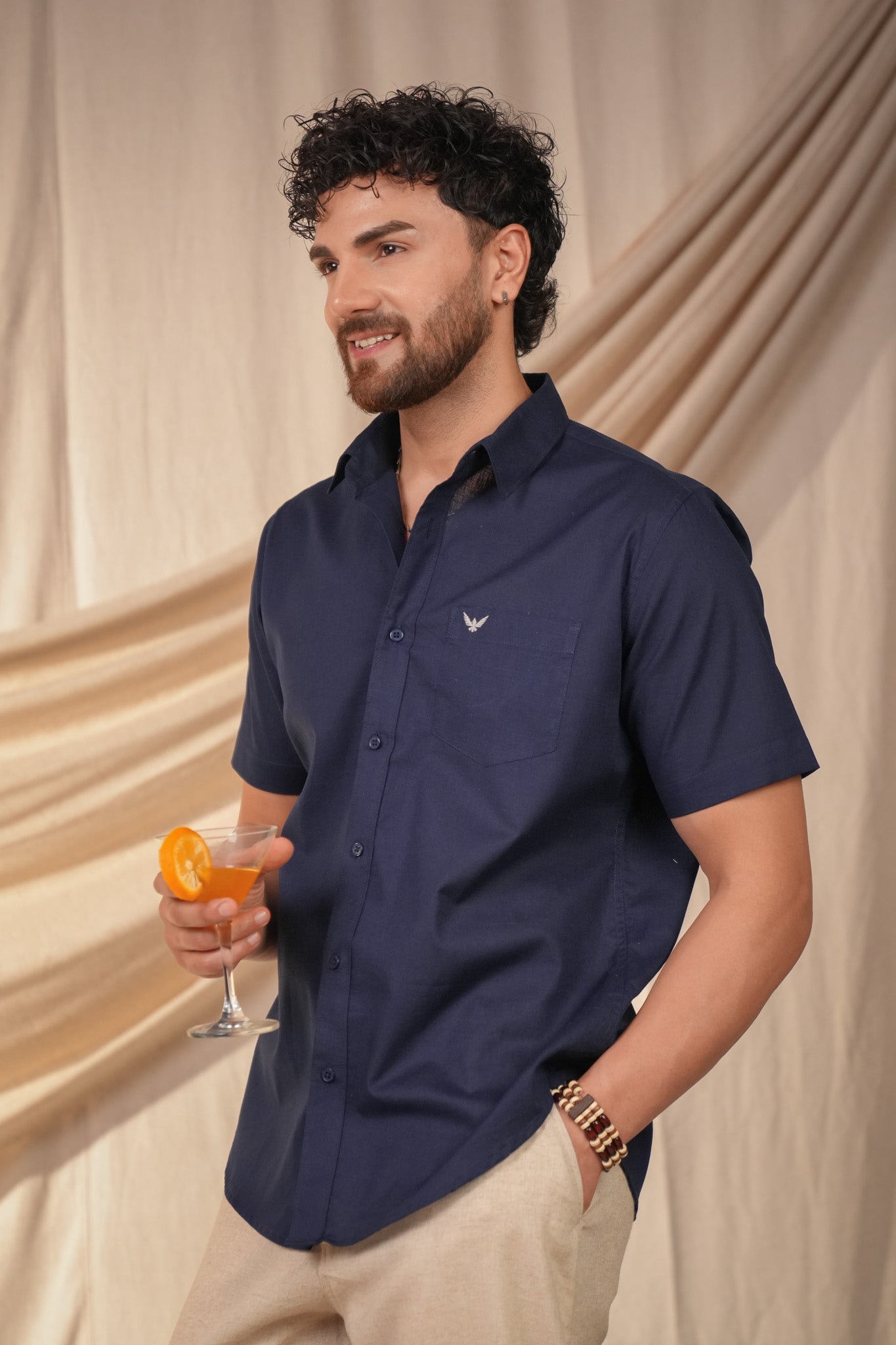 Navy Blue Solid Linen Cotton Slim Fit Shirt