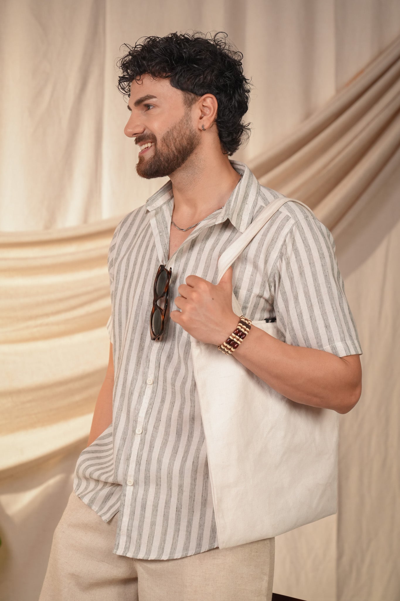 Sage Green Striped Pre-Washed Linen Cotton Slim Fit Shirt
