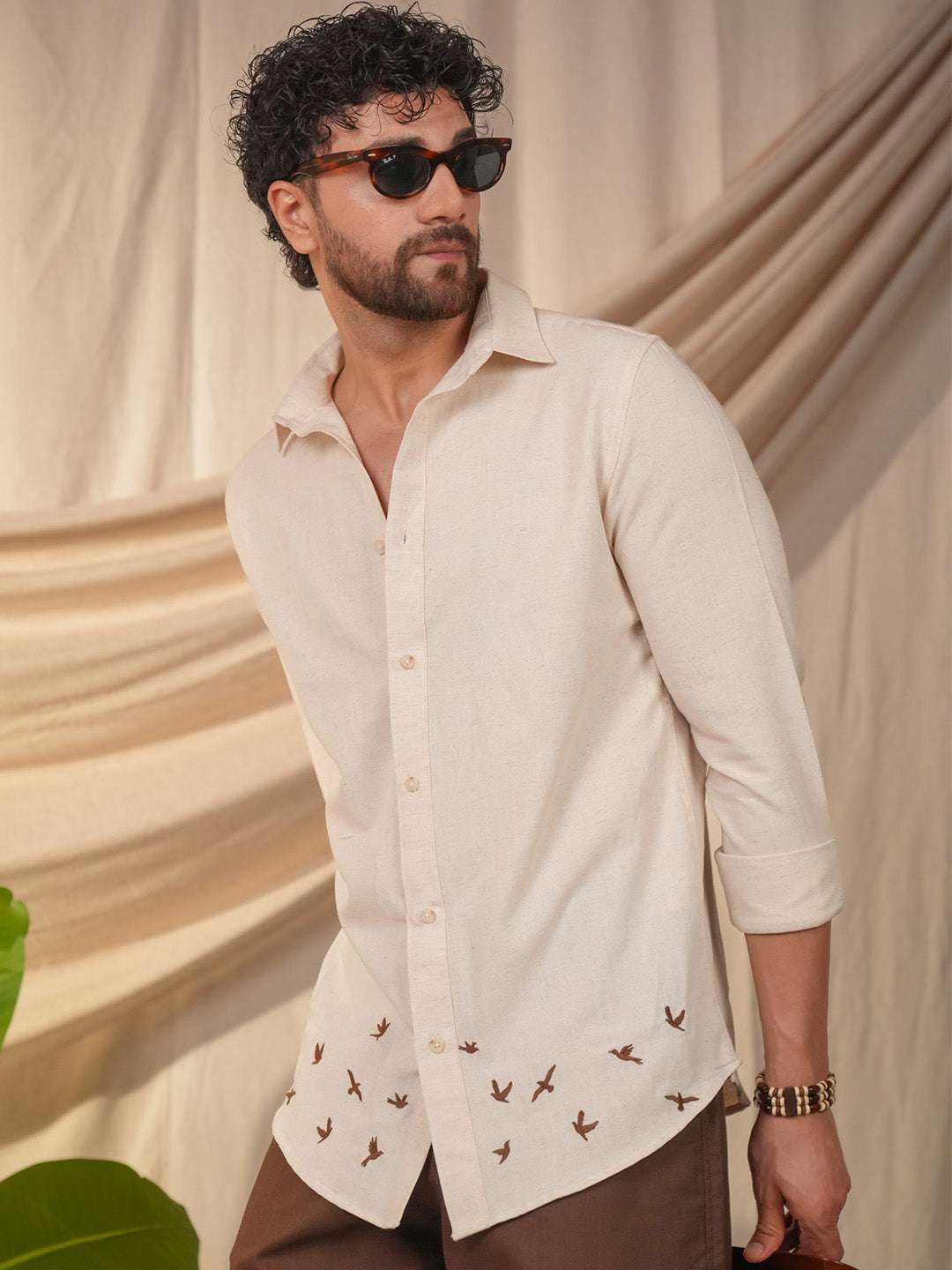 Beige Natural Grains Birds Flock Embroidery Linen Cotton Shirt
