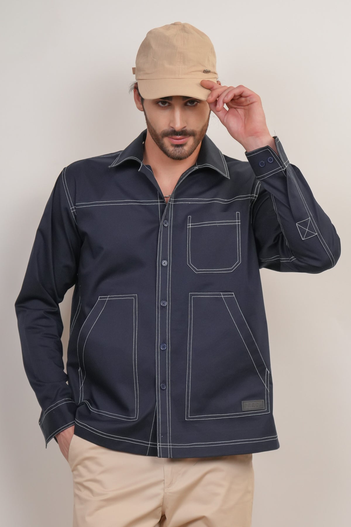 Navy Blue Solid Heavy Cotton Twill Boxy Fit Shirt For Men