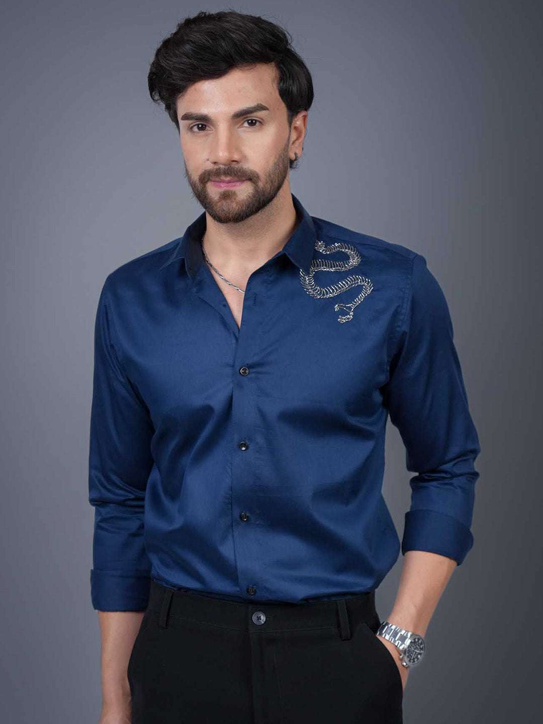 Navy Sequin Cotton Satin Slim Fit Shirt
