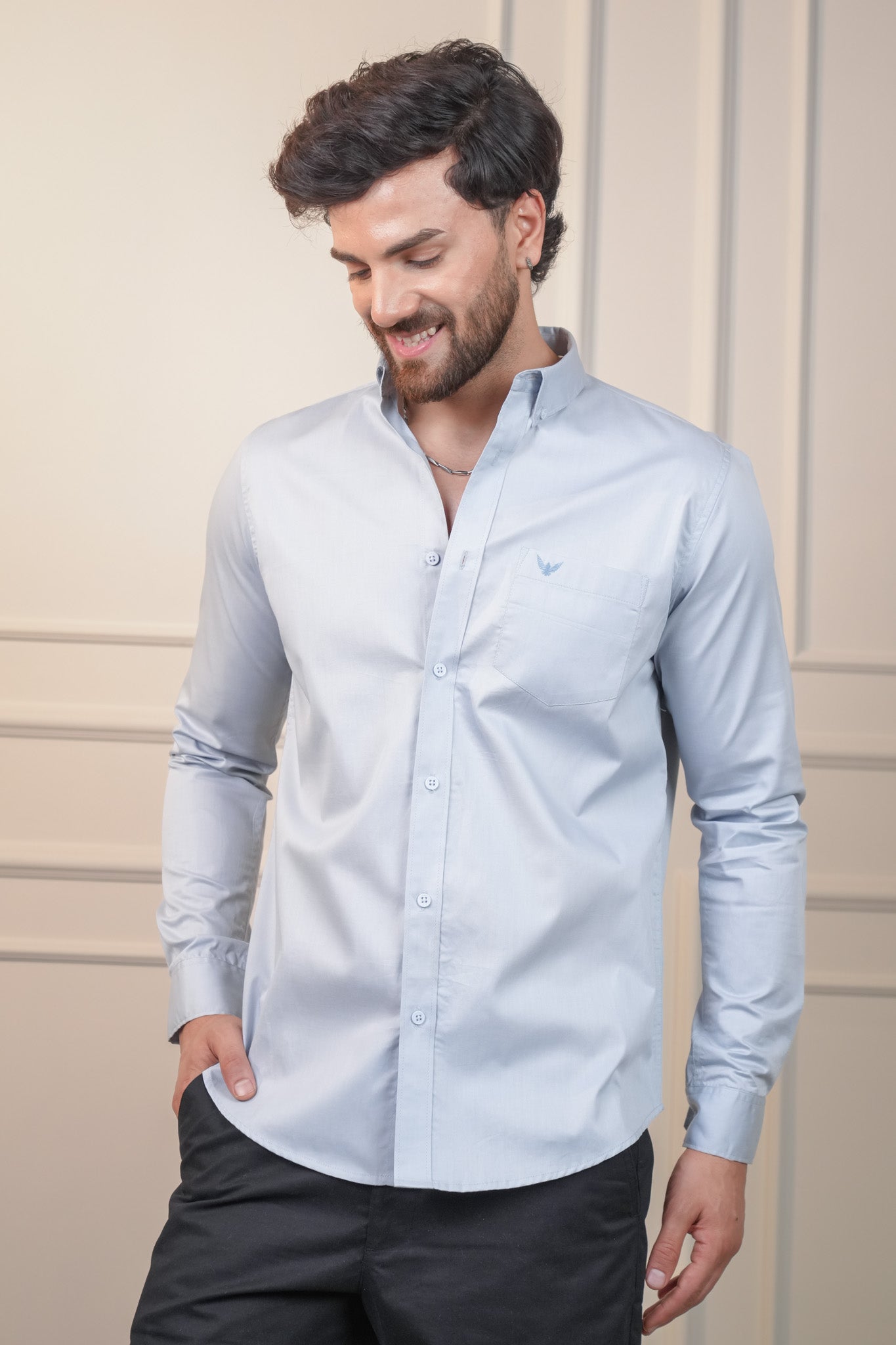 Shadow Blue Solid Cotton Twill  Slim Fit Shirt