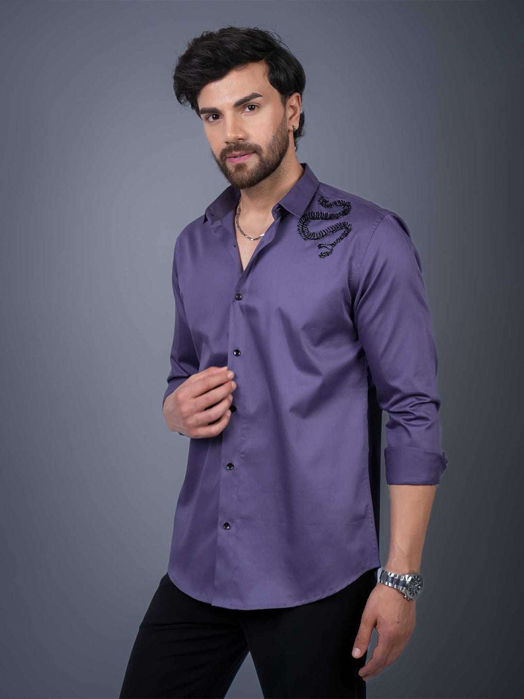Purple Sequin Cotton Satin Slim Fit Shirt