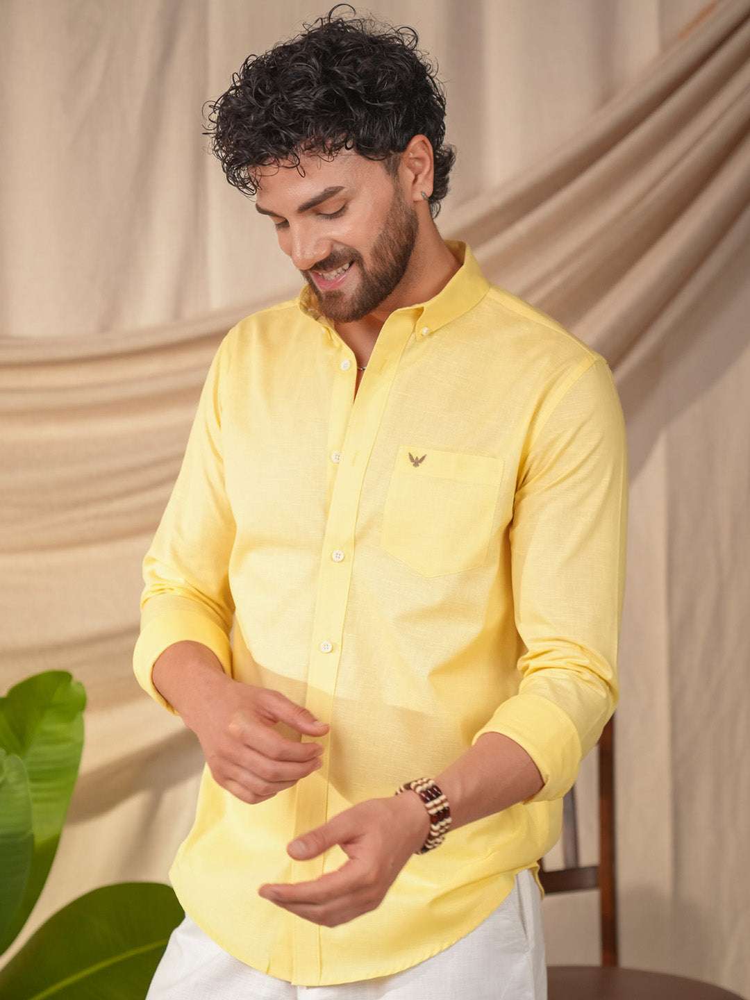 Lime Yellow Solid Pre-Washed Linen Cotton Slim Fit Shirt
