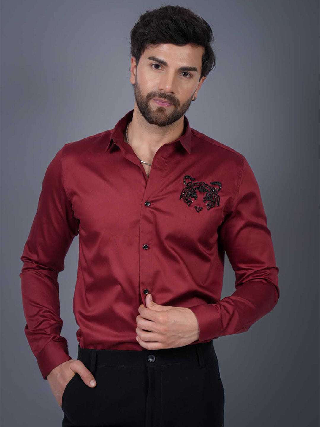 Intense Red Sequin Cotton Satin Slim Fit Shirt