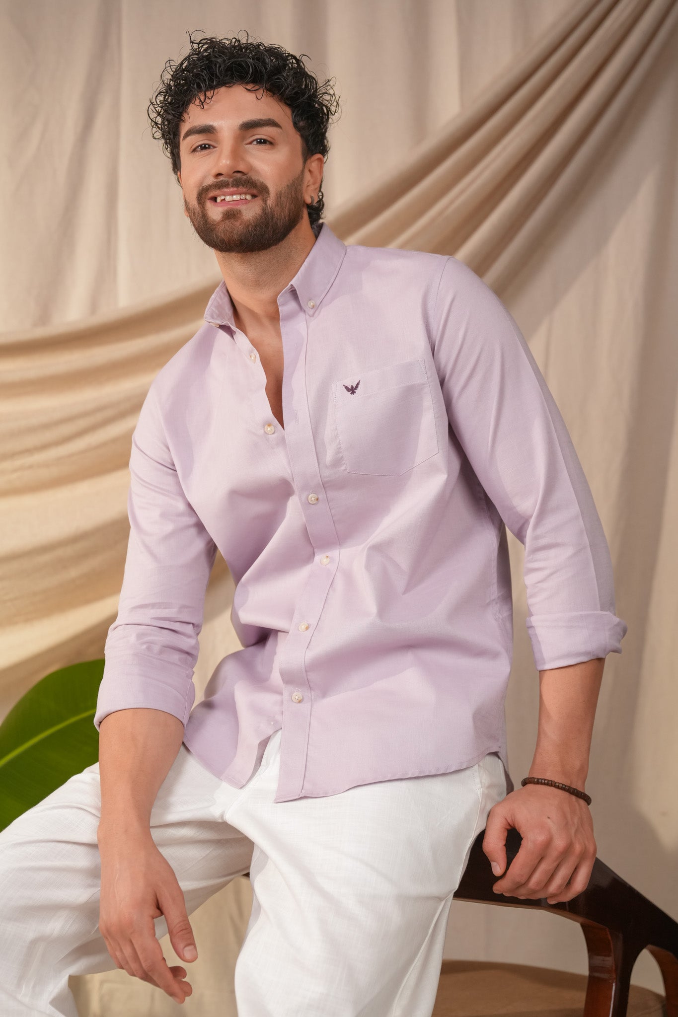 Pastel Purple Solid Pre-Washed Linen Cotton Slim Fit Shirt