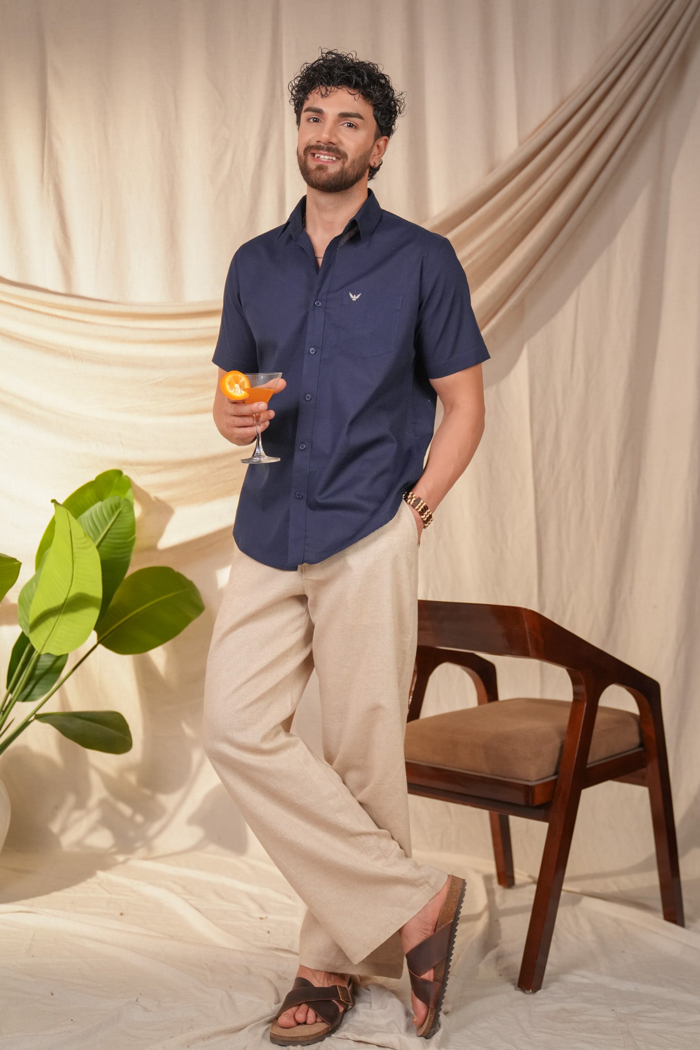 Navy Blue Solid Linen Cotton Slim Fit Shirt