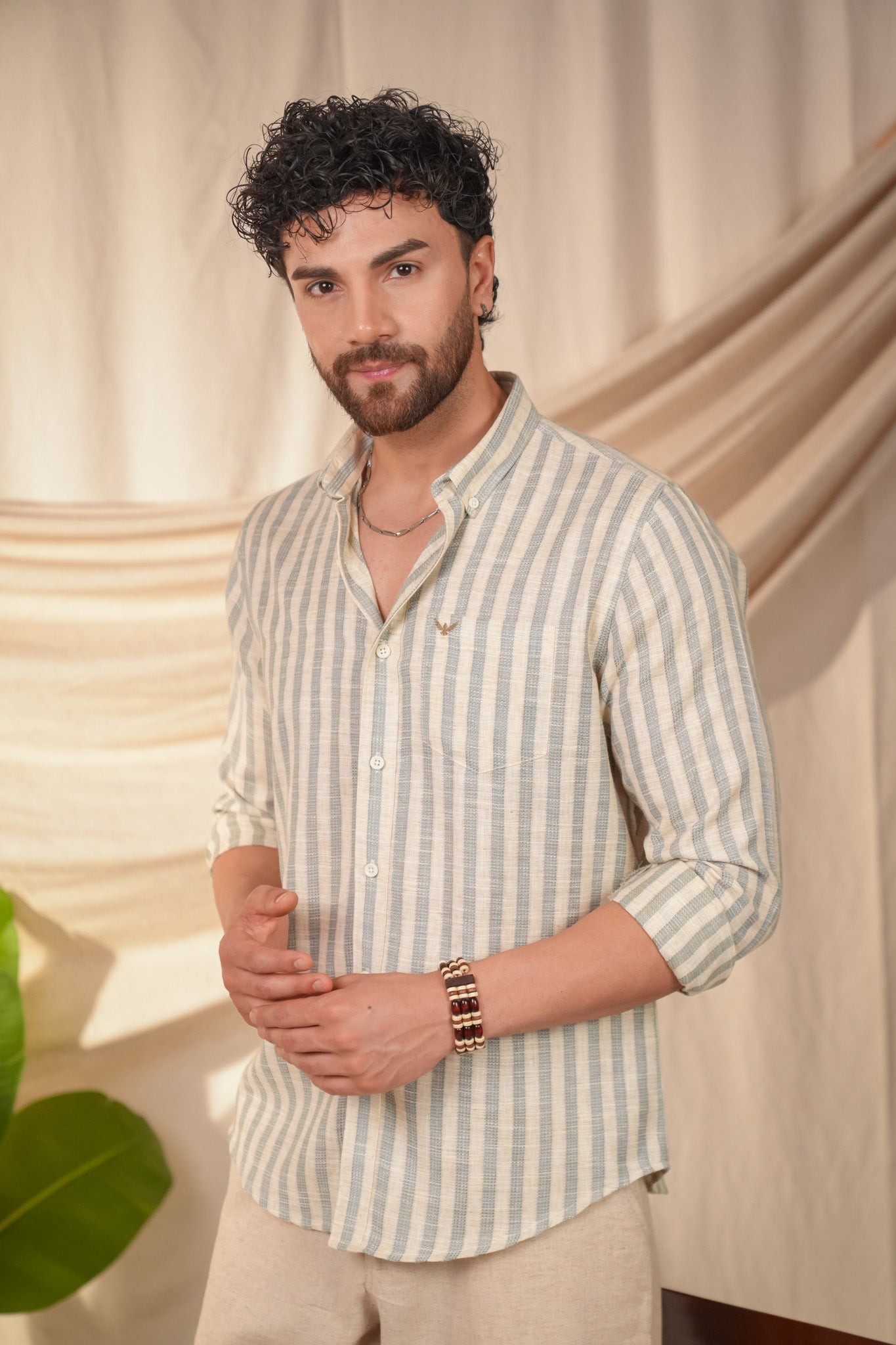 Teal Stripes Striped Linen Cotton Slim Fit Shirt