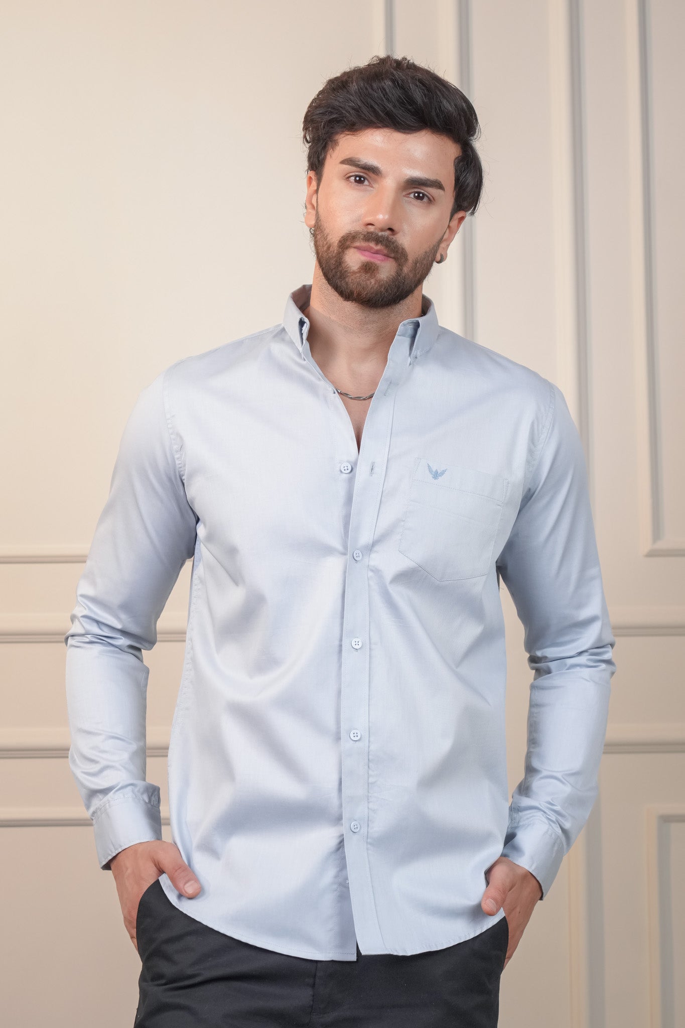 Shadow Blue Solid Cotton Twill  Slim Fit Shirt