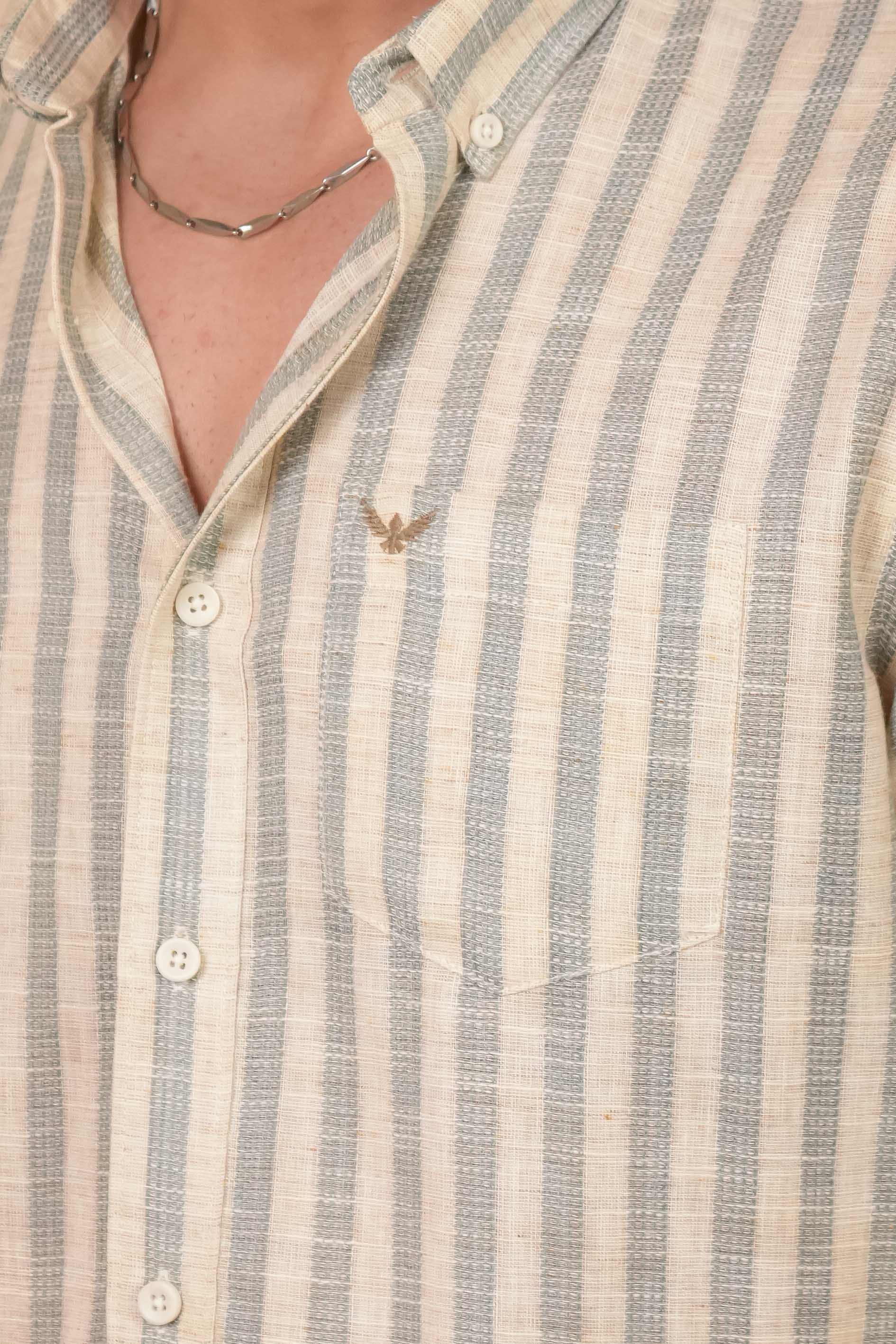 Teal Stripes Striped Linen Cotton Slim Fit Shirt