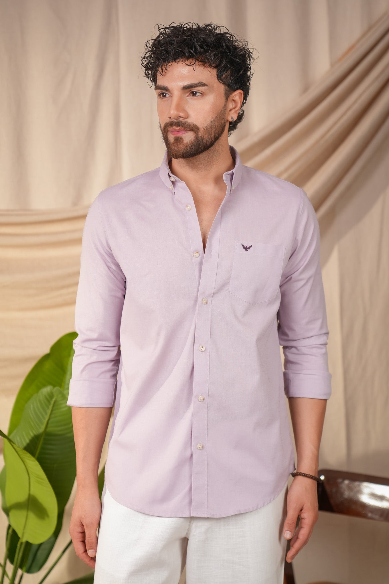 Pastel Purple Solid Pre-Washed Linen Cotton Slim Fit Shirt