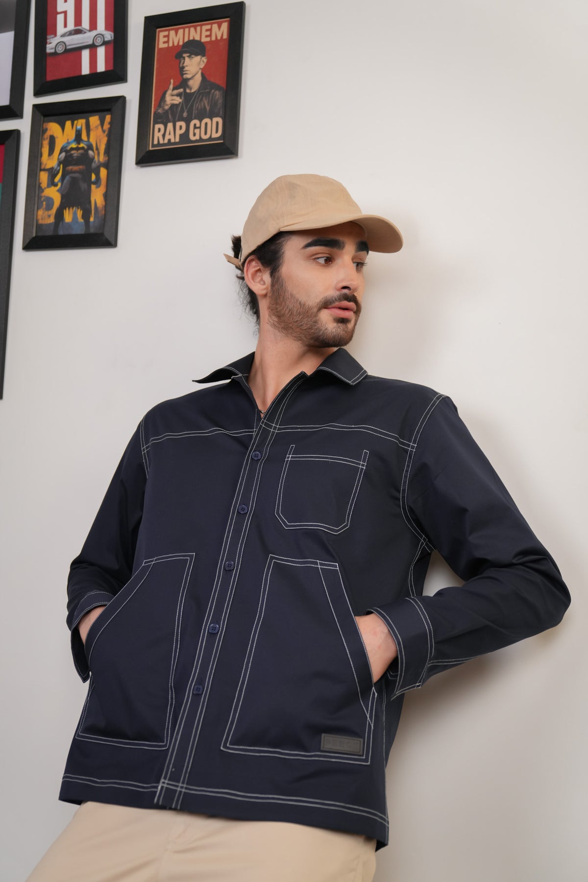 Navy Blue Solid Heavy Cotton Twill Boxy Fit Shirt For Men