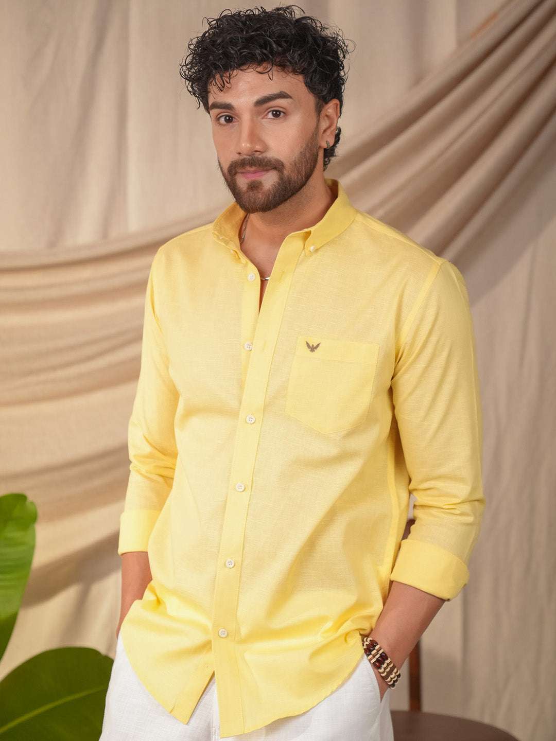 Lime Yellow Solid Pre-Washed Linen Cotton Slim Fit Shirt