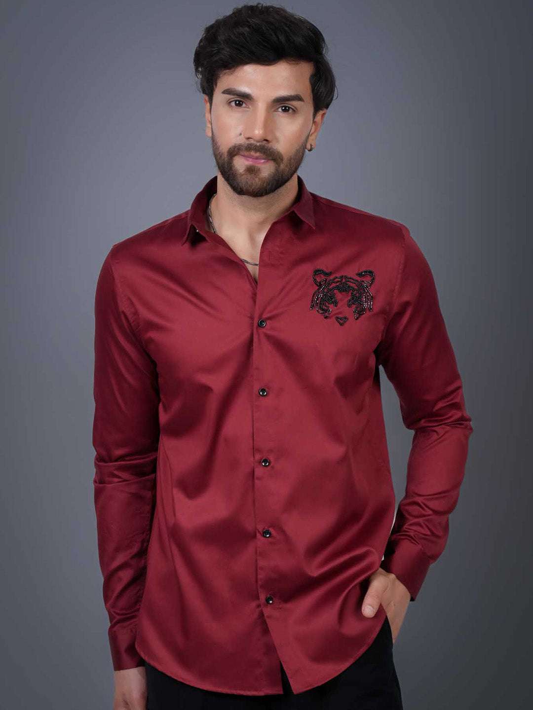 Intense Red Sequin Cotton Satin Slim Fit Shirt