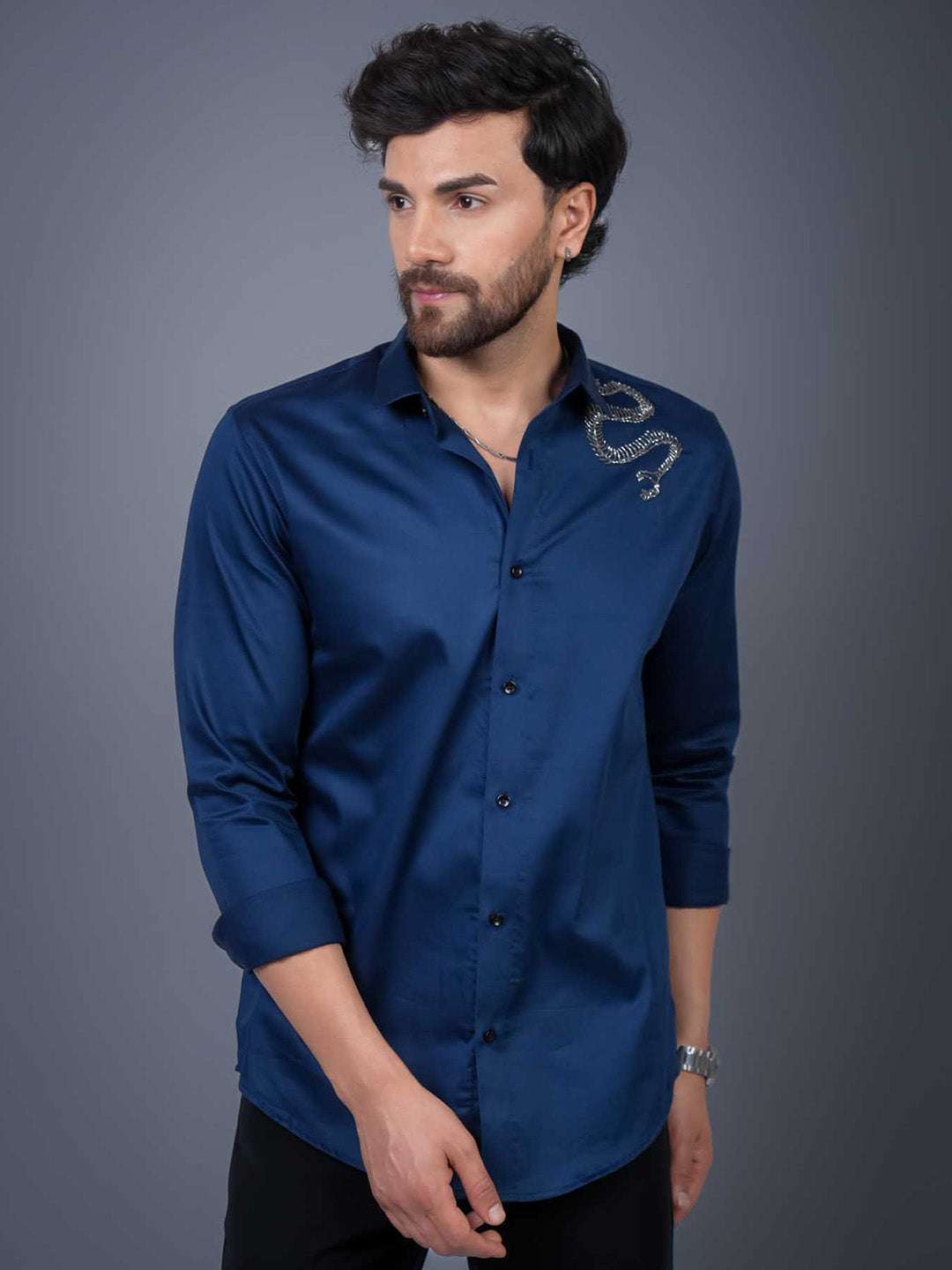 Navy Sequin Cotton Satin Slim Fit Shirt