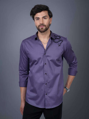 Purple Sequin Cotton Satin Slim Fit Shirt