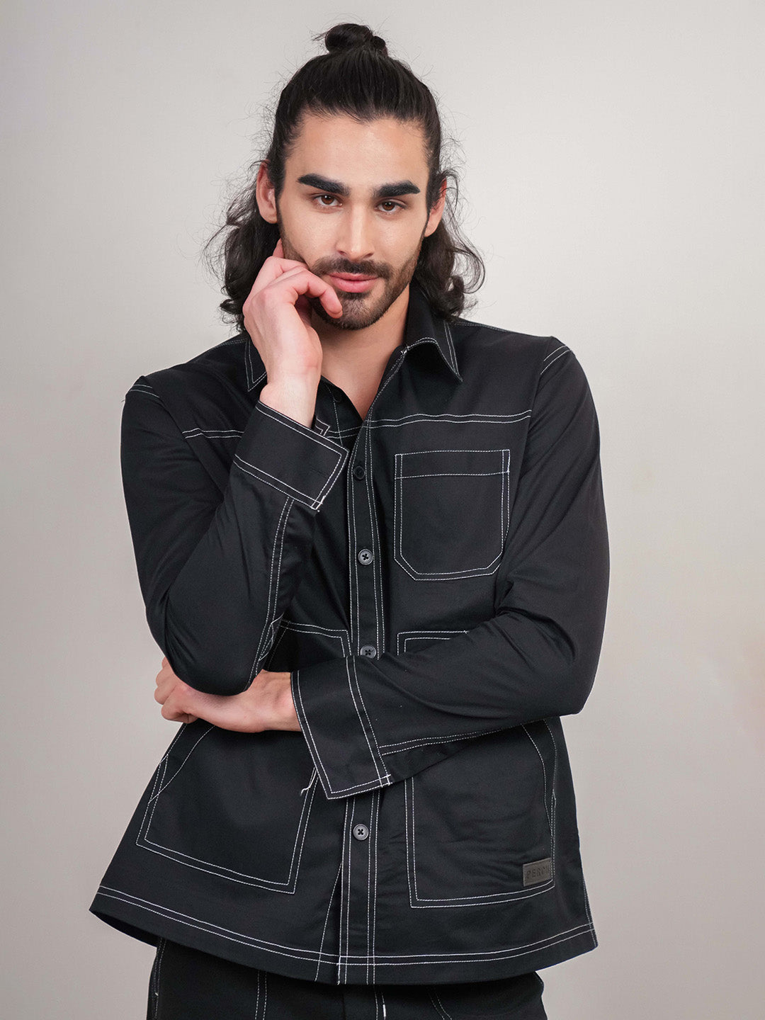 Black Solid Heavy Cotton Twill Boxy Fit Shirt For Men