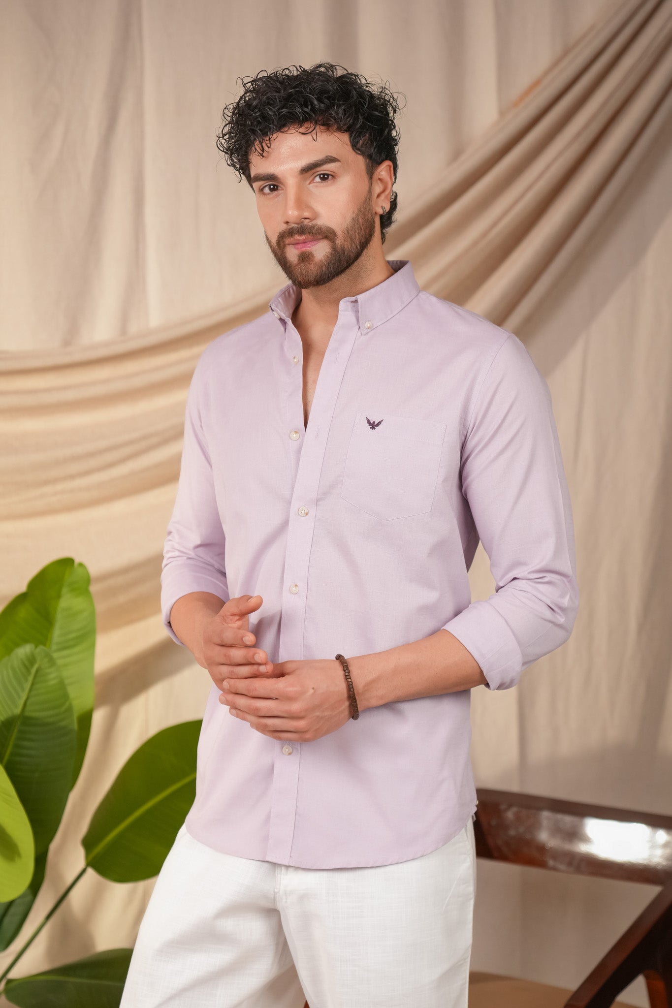 Pastel Purple Solid Pre-Washed Linen Cotton Slim Fit Shirt