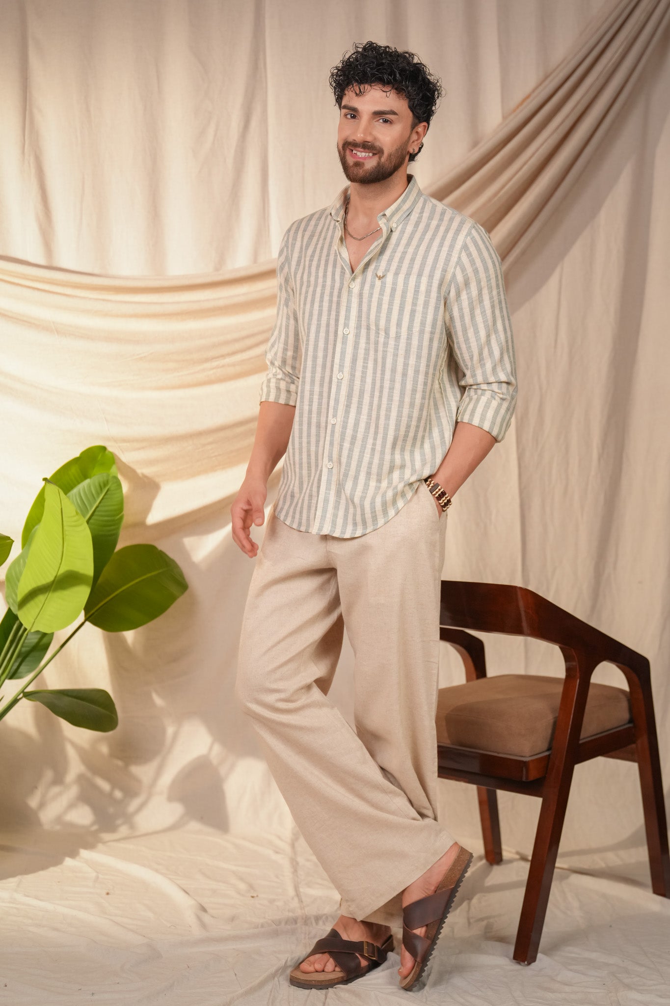 Teal Stripes Striped Linen Cotton Slim Fit Shirt