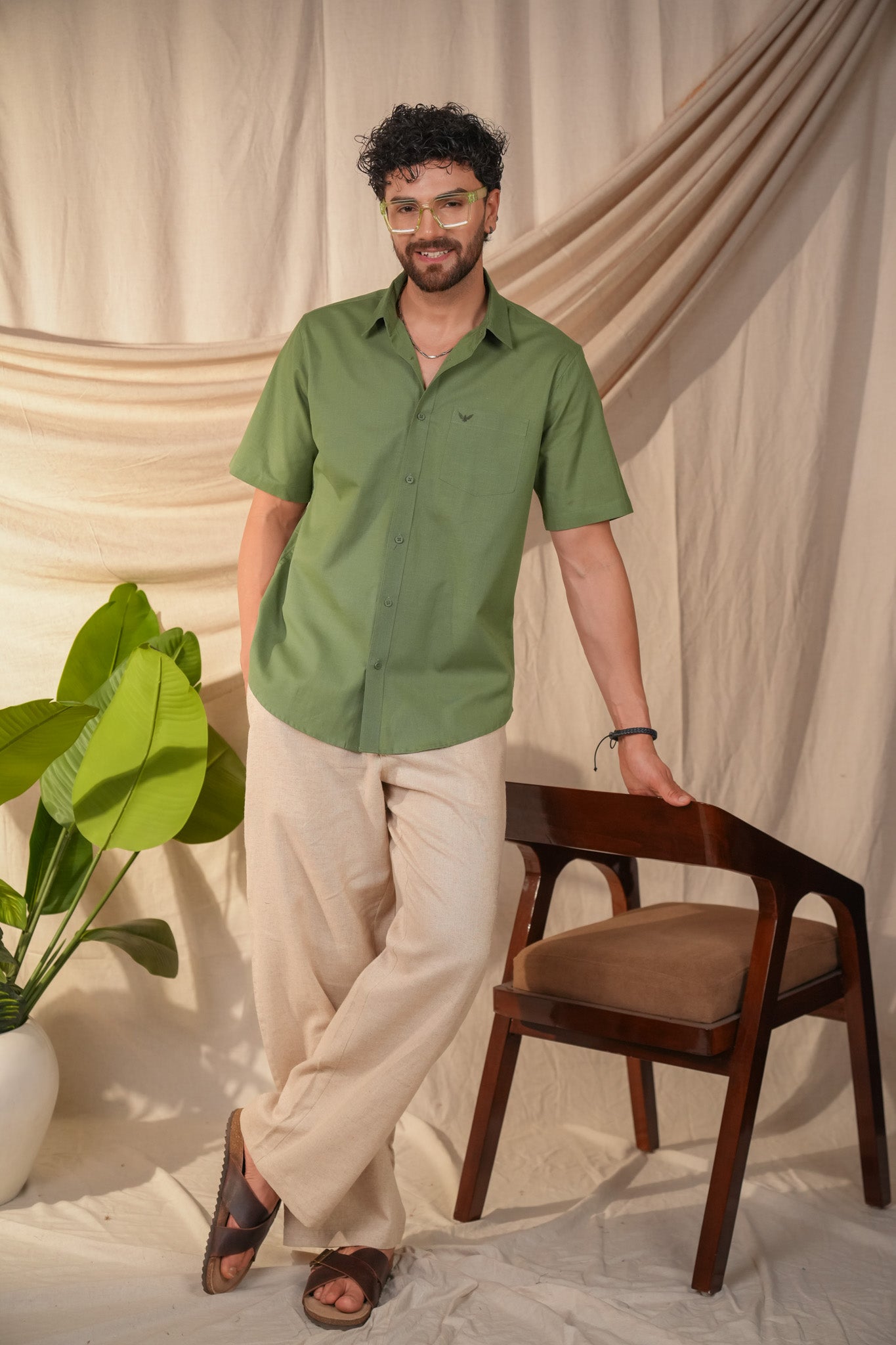 Moss Green Solid Pre-Washed Linen Cotton Slim Fit Shirt