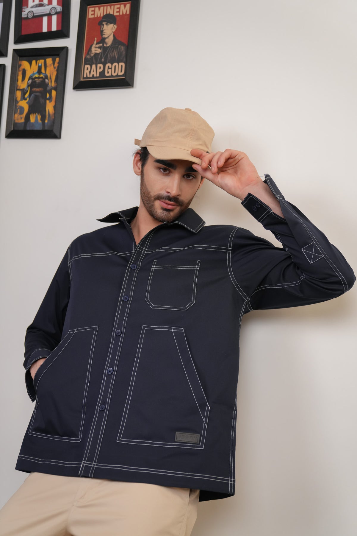 Navy Blue Solid Heavy Cotton Twill Boxy Fit Shirt For Men