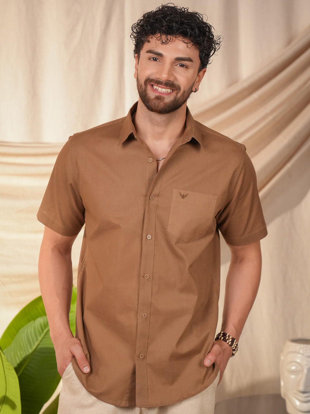 Brown Solid Pre-Washed Linen Cotton Slim Fit Shirt