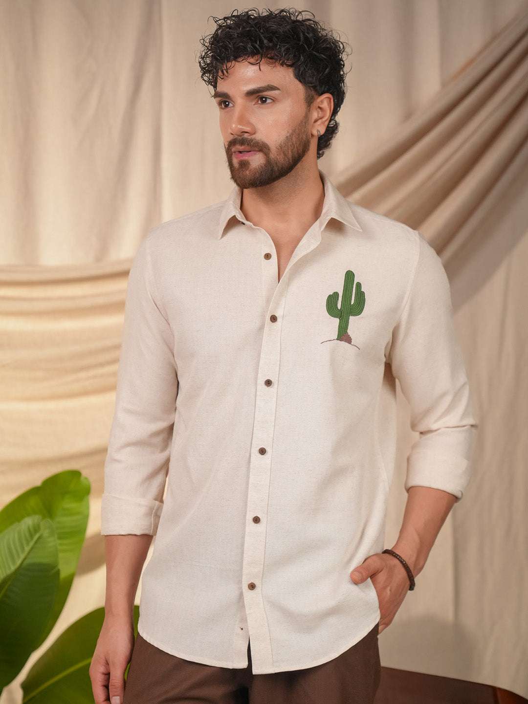 Beige Natural Grains Cactus Embroidery Linen Cotton Shirt