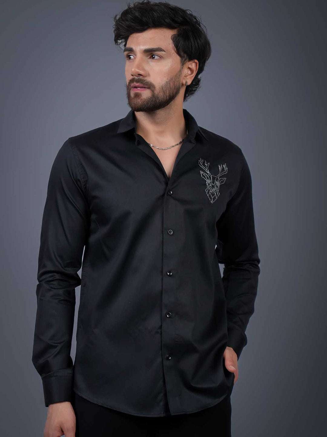 Black Sequin Cotton Satin Slim Fit Shirt