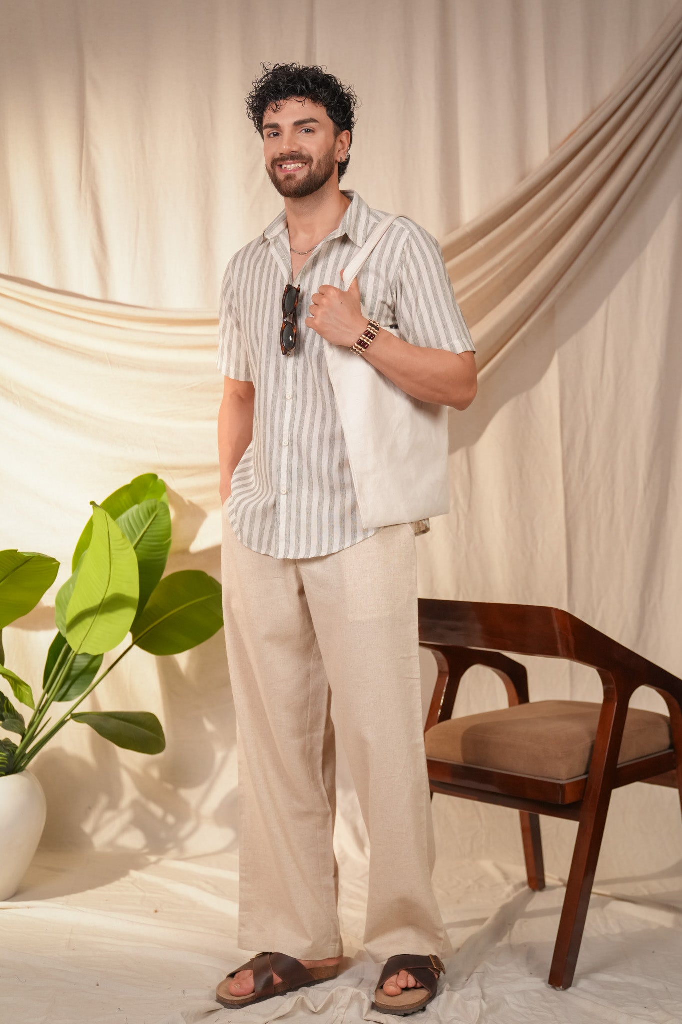 Sage Green Striped Pre-Washed Linen Cotton Slim Fit Shirt