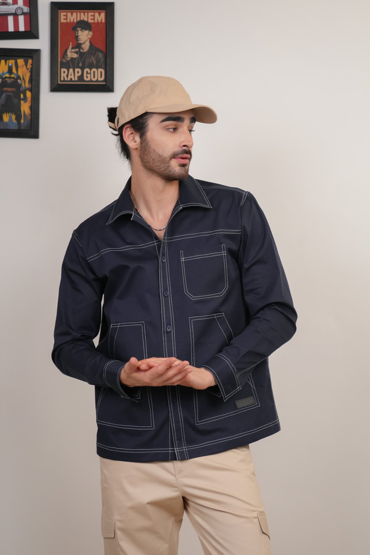 Navy Blue Solid Heavy Cotton Twill Boxy Fit Shirt For Men