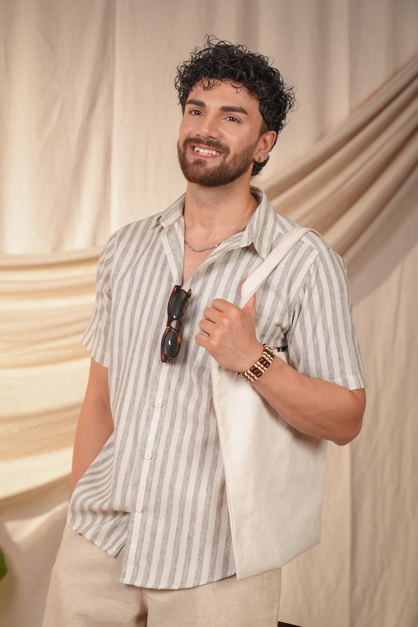 Sage Green Striped Pre-Washed Linen Cotton Slim Fit Shirt