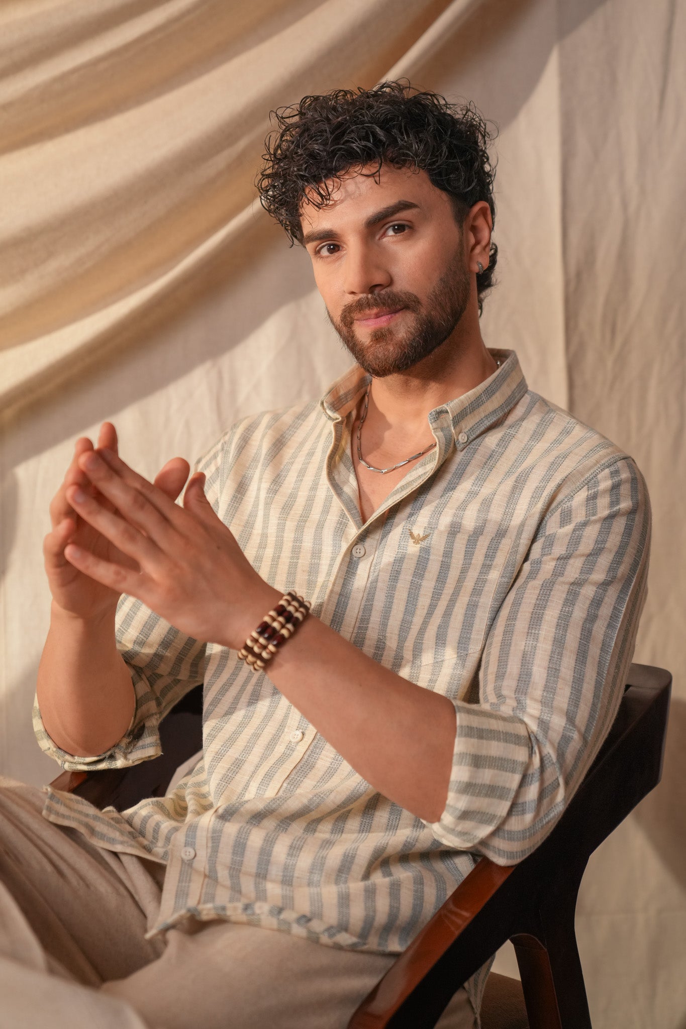 Teal Stripes Striped Linen Cotton Slim Fit Shirt