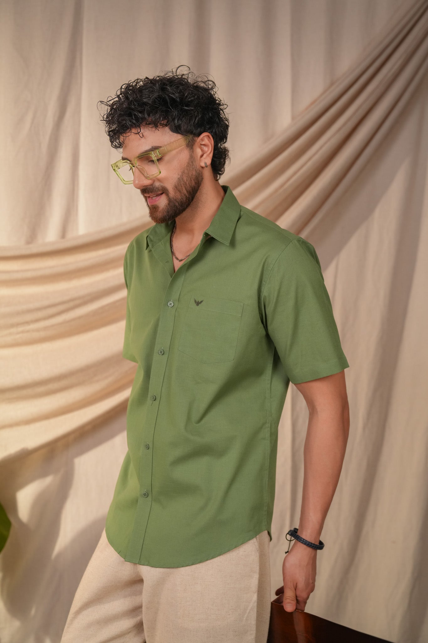 Moss Green Solid Pre-Washed Linen Cotton Slim Fit Shirt