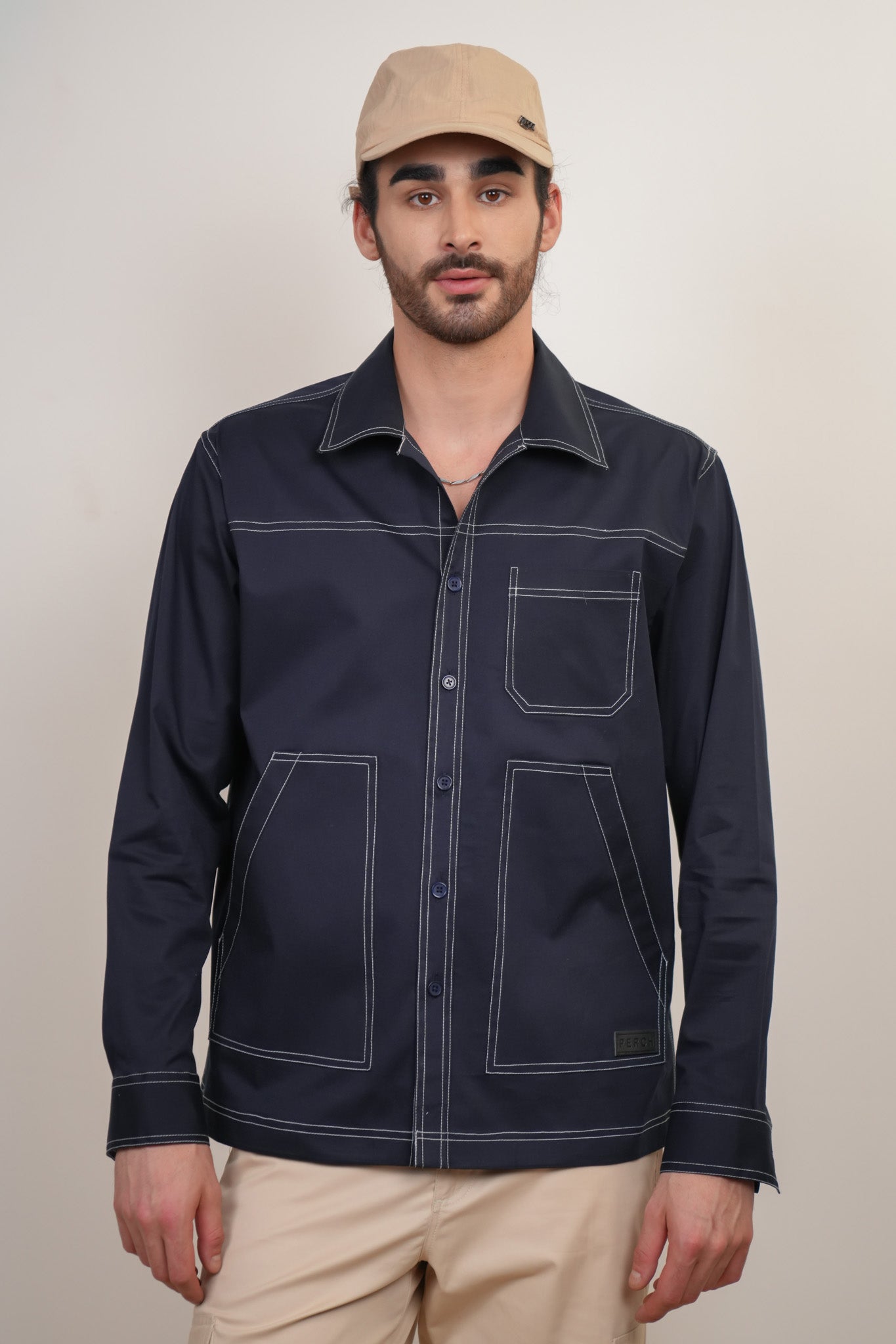 Navy Blue Solid Heavy Cotton Twill Boxy Fit Shirt For Men