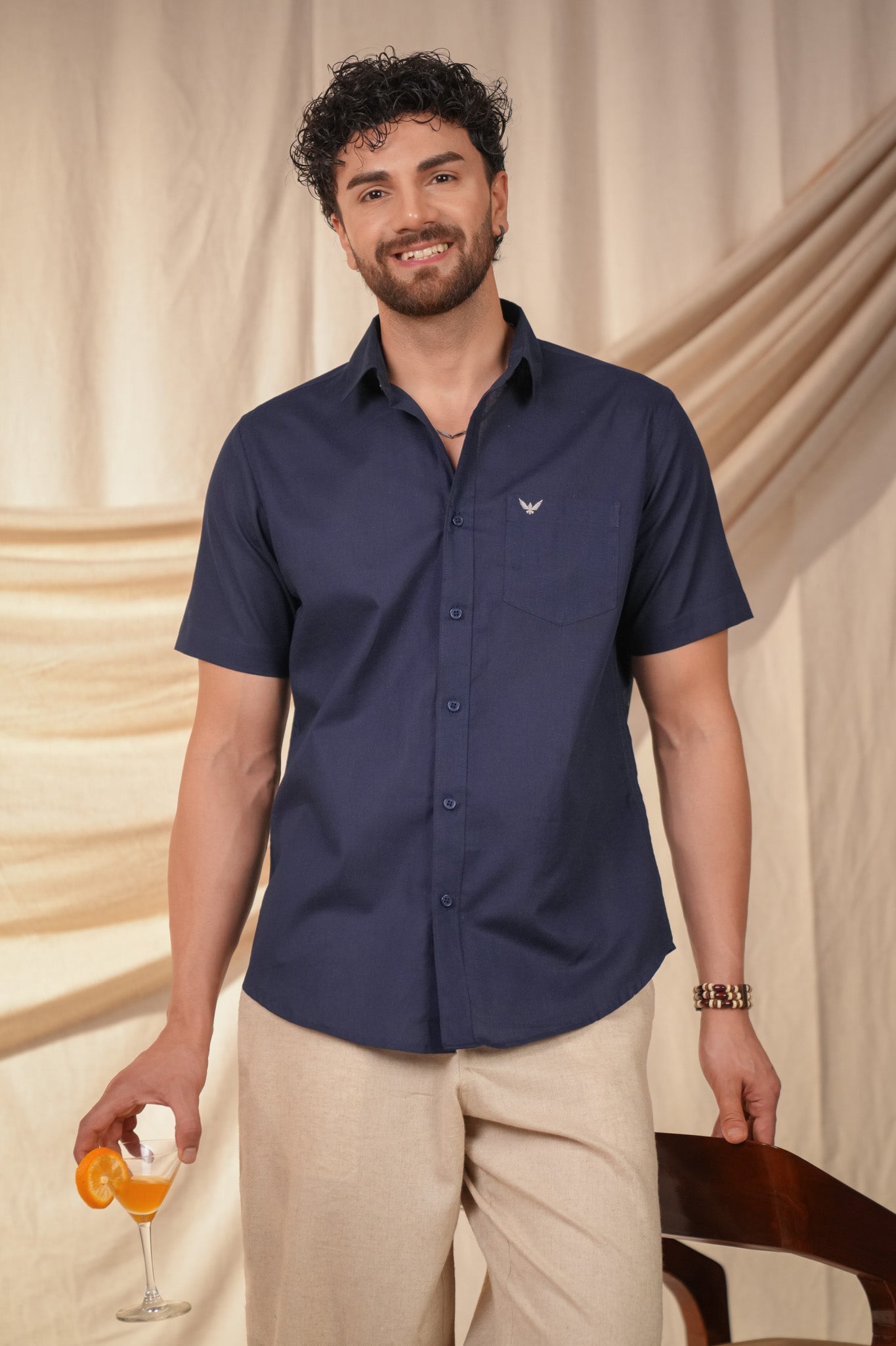 Navy Blue Solid Linen Cotton Slim Fit Shirt