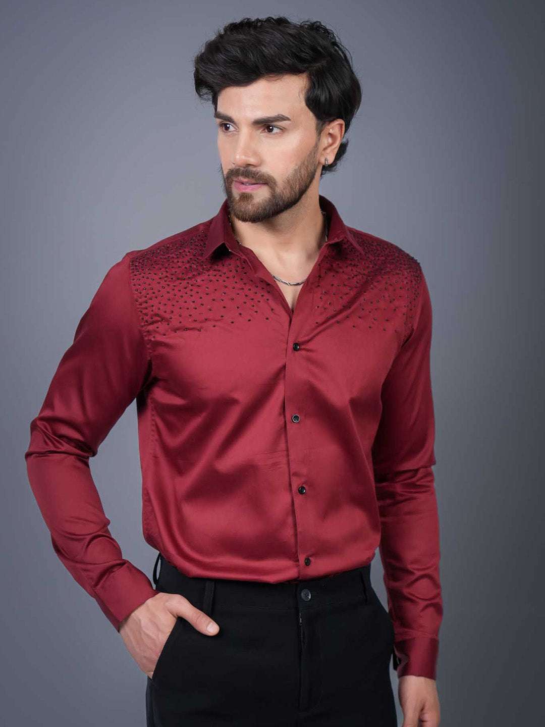 Intense Red Sequin Cotton Satin Slim Fit Shirt