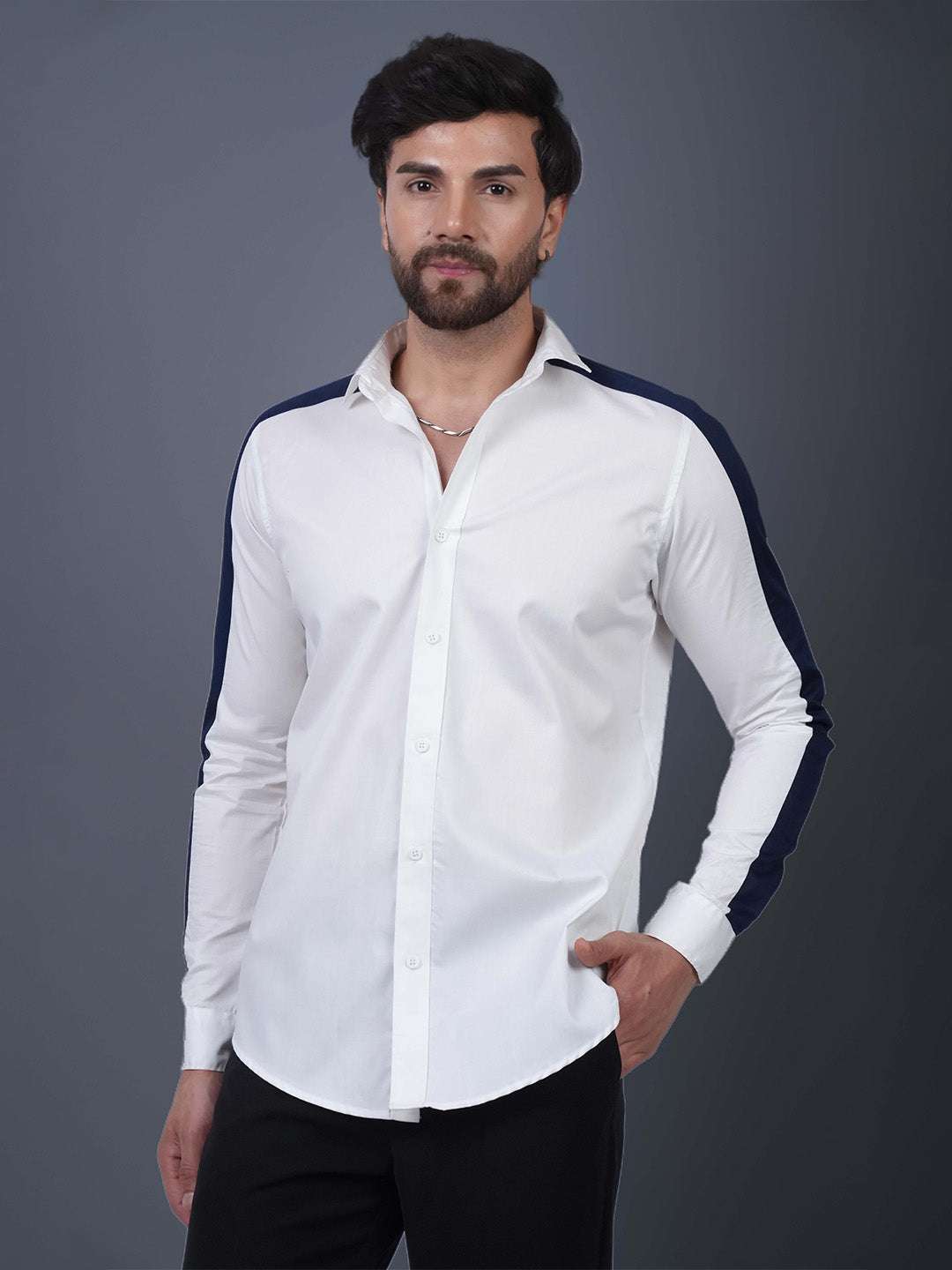 White And blue Colour Blocked Cotton Twill Slim Fit Shirt