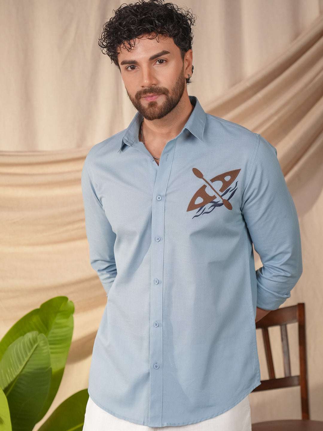 Aqua Blue Solid Linen Cotton Slim Fit Embroidery Printed Shirt