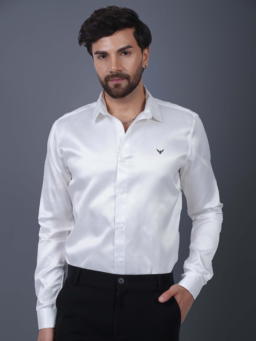 White Solid Cotton Satin Slim Fit Shirt