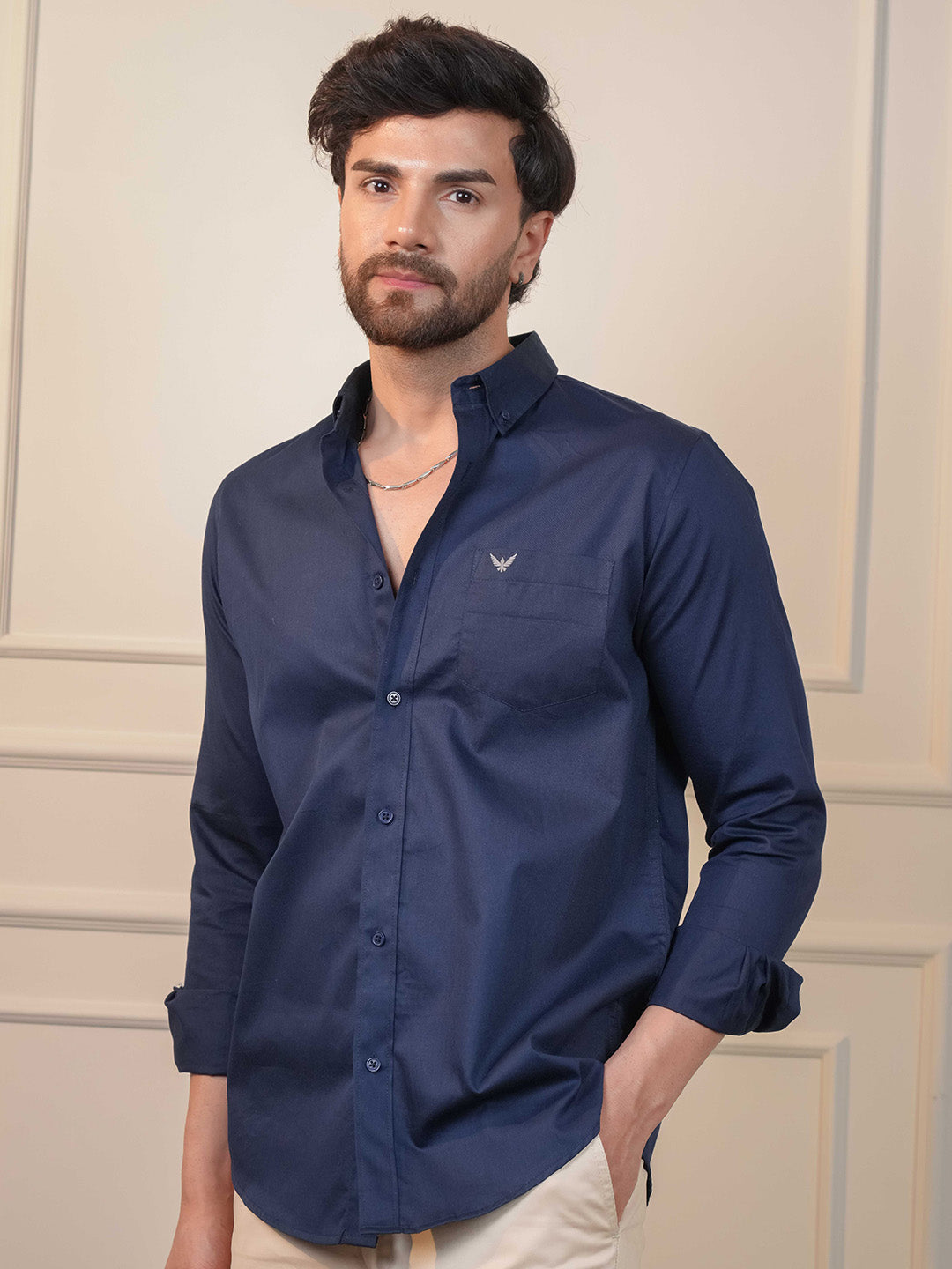 Navy Solid Cotton Twill  Slim Fit Shirt