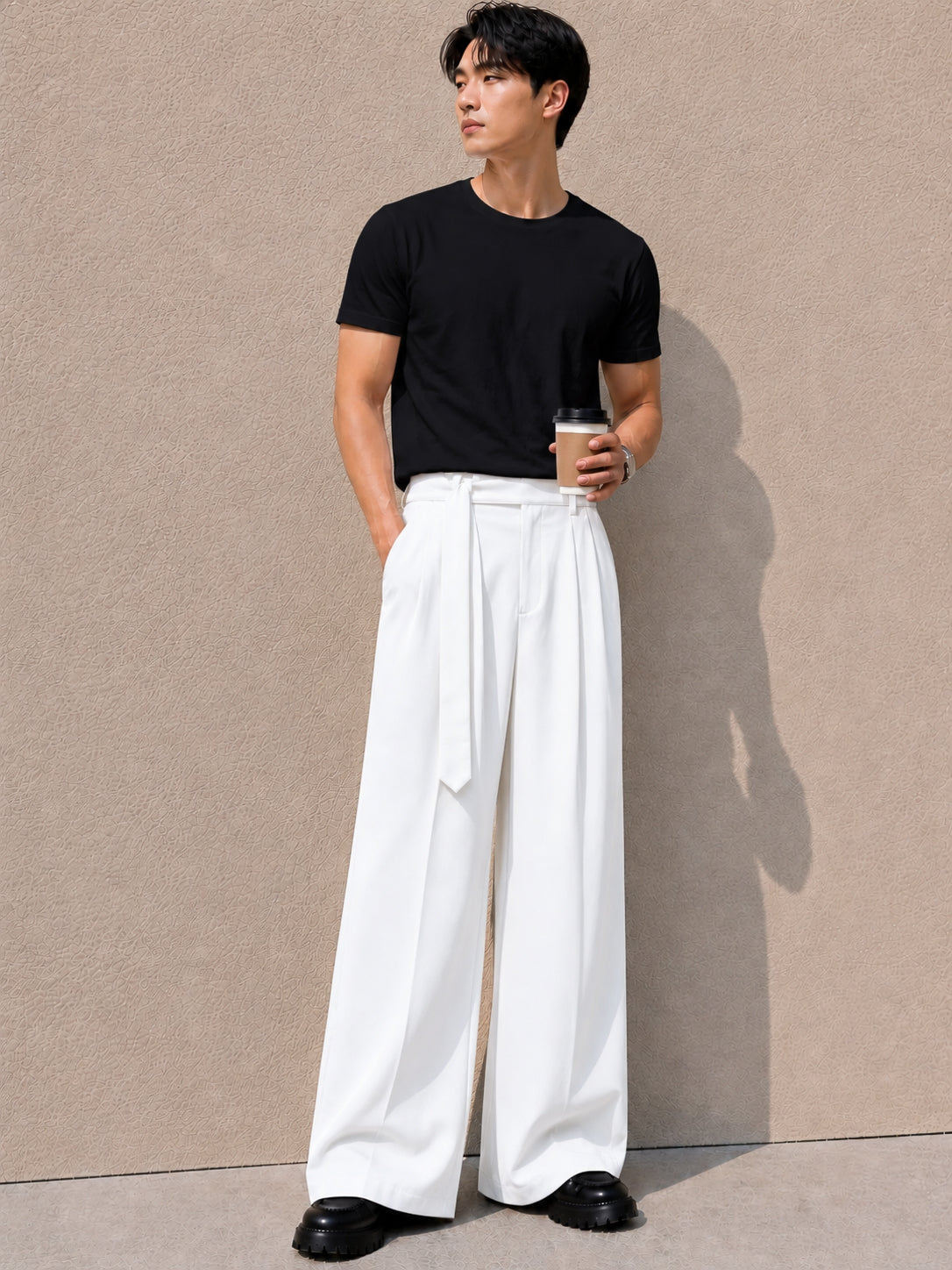 White Solid Wide Leg Fit Belted Korean Pant