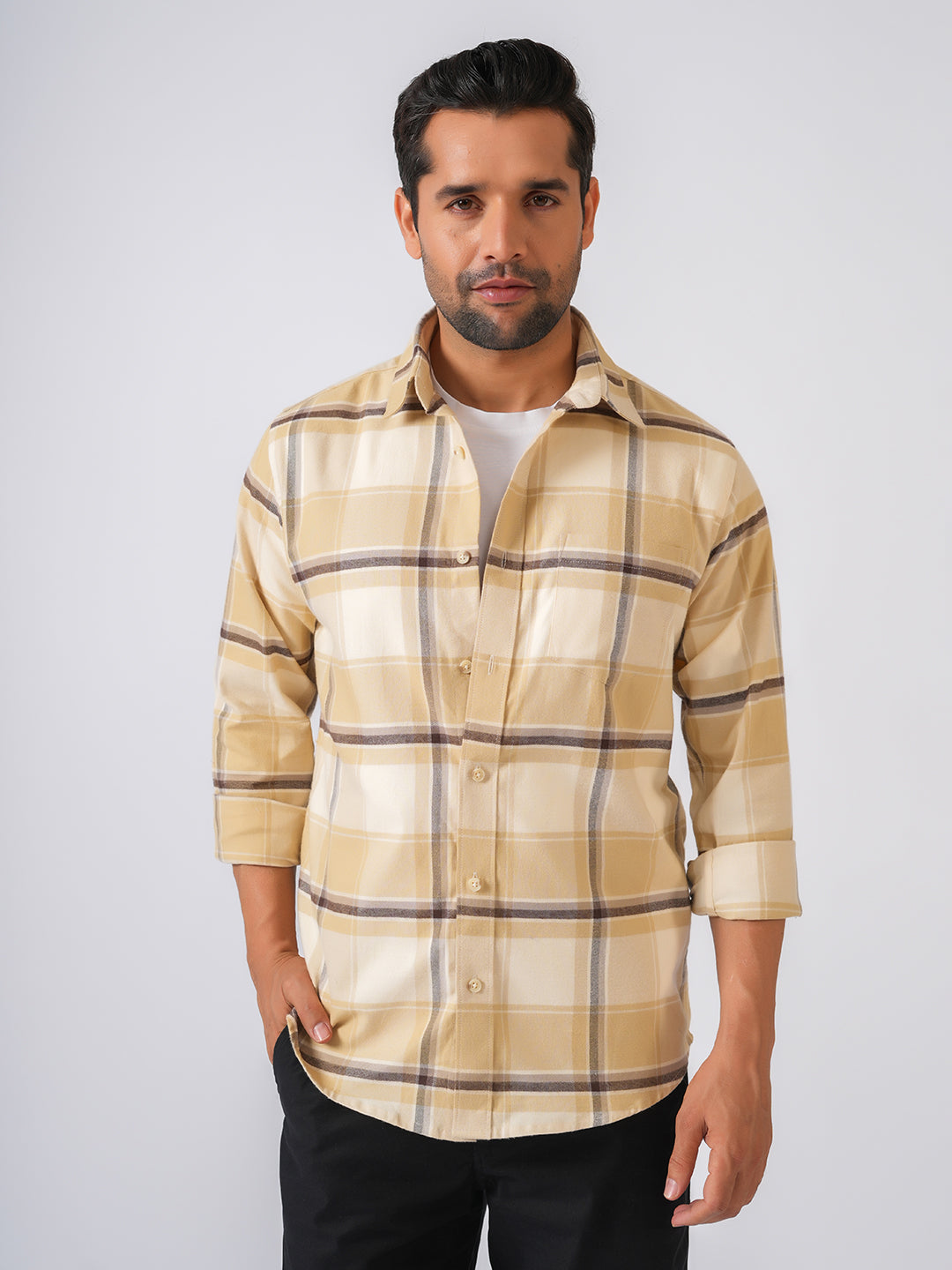 Cream Checked Slim Fit Flannel Cotton Shirt