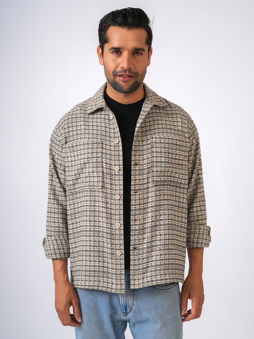Ivory Checked Cotton Shacket Over-Shirt