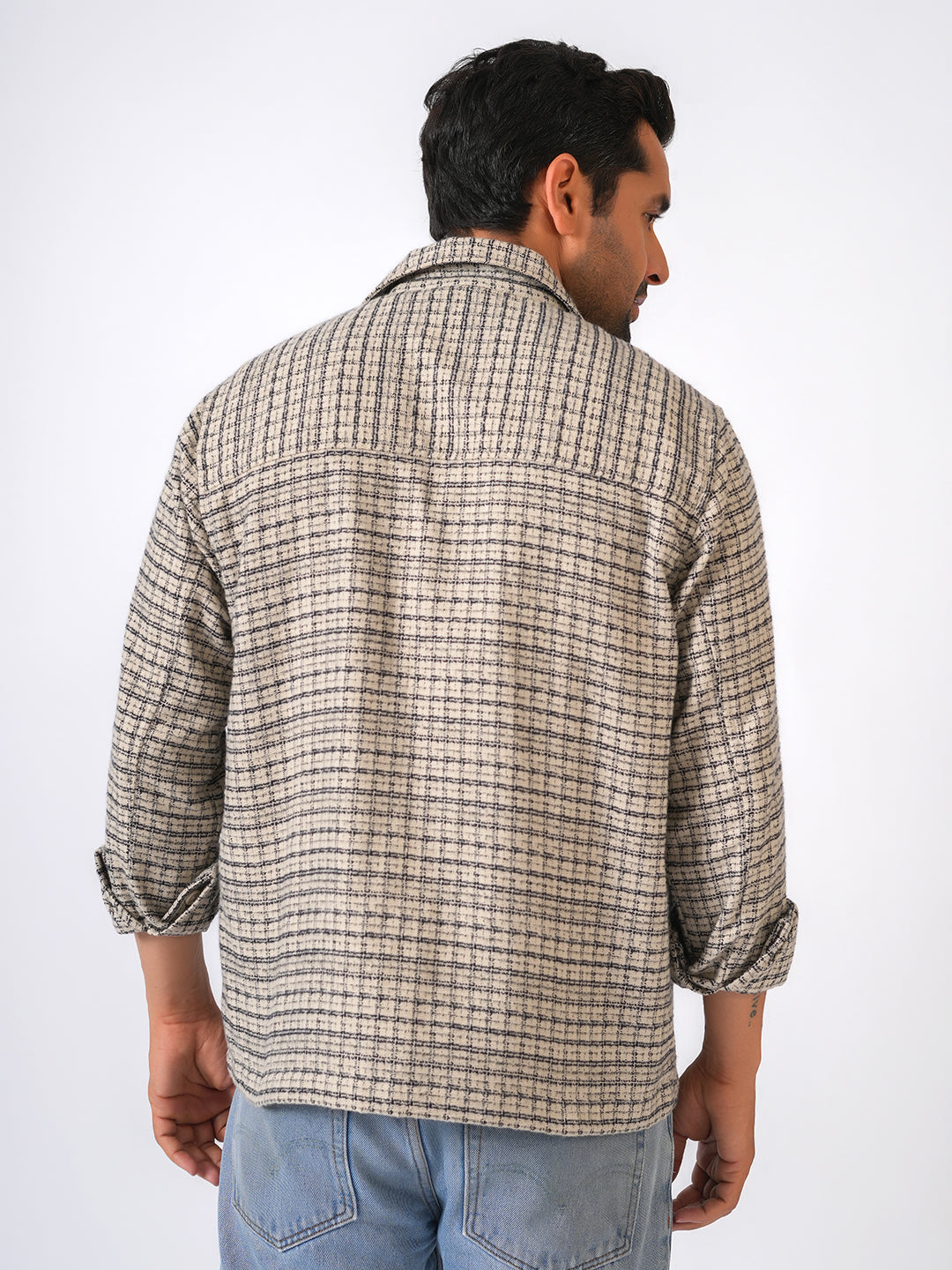 Ivory Checked Cotton Shacket Over-Shirt
