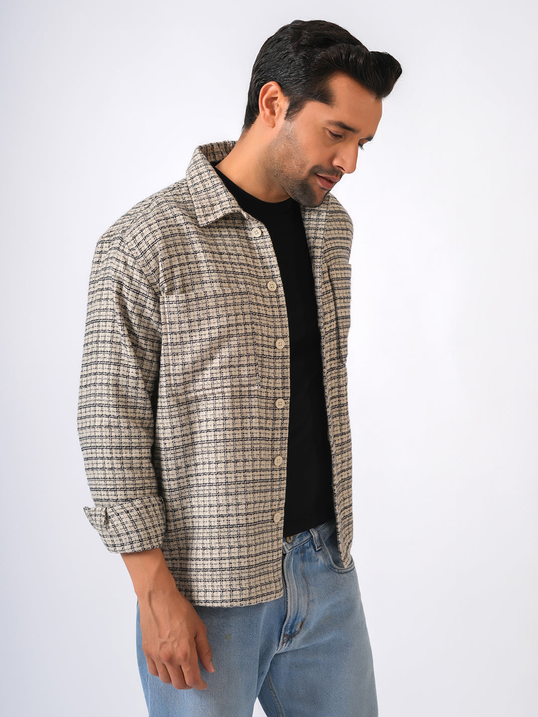 Ivory Checked Cotton Shacket Over-Shirt