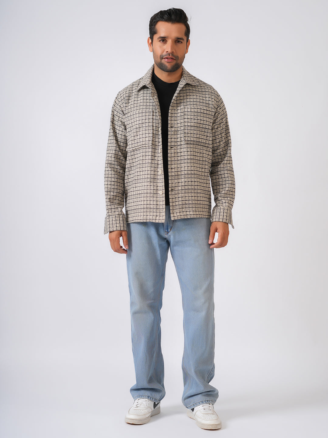Ivory Checked Cotton Shacket Over-Shirt