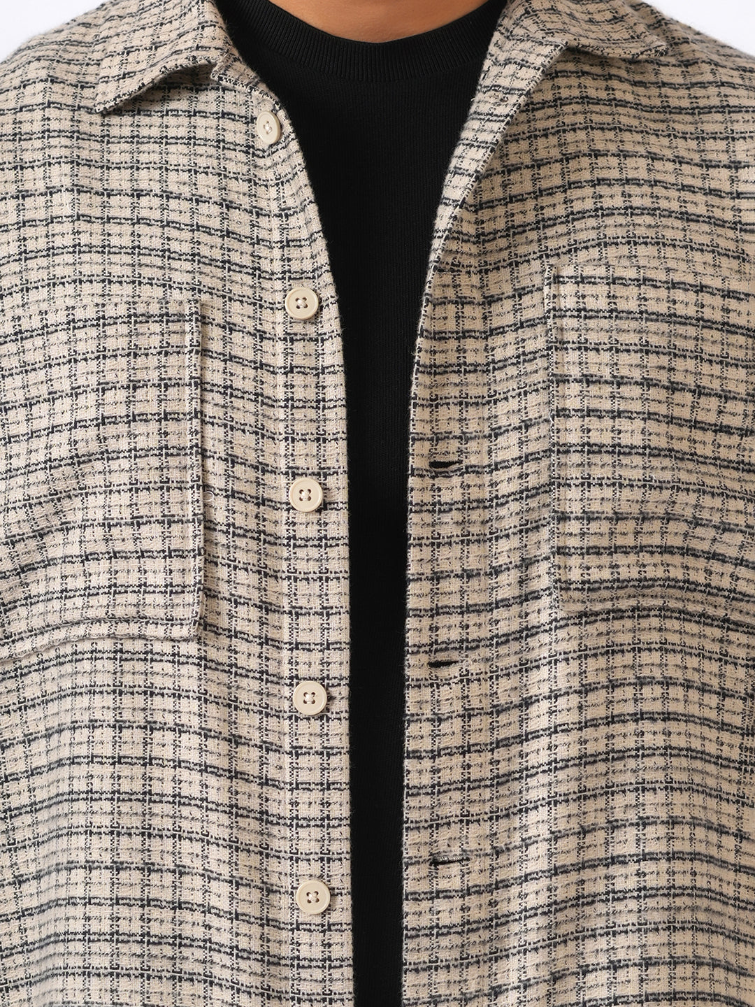 Ivory Checked Cotton Shacket Over-Shirt